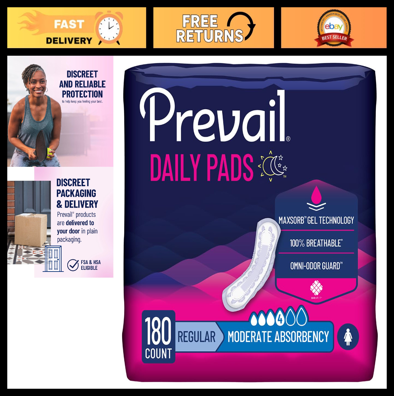 Moderate Incontinence Pads for Women, 10.6″ Length, 180 Count, Disposable, Regul