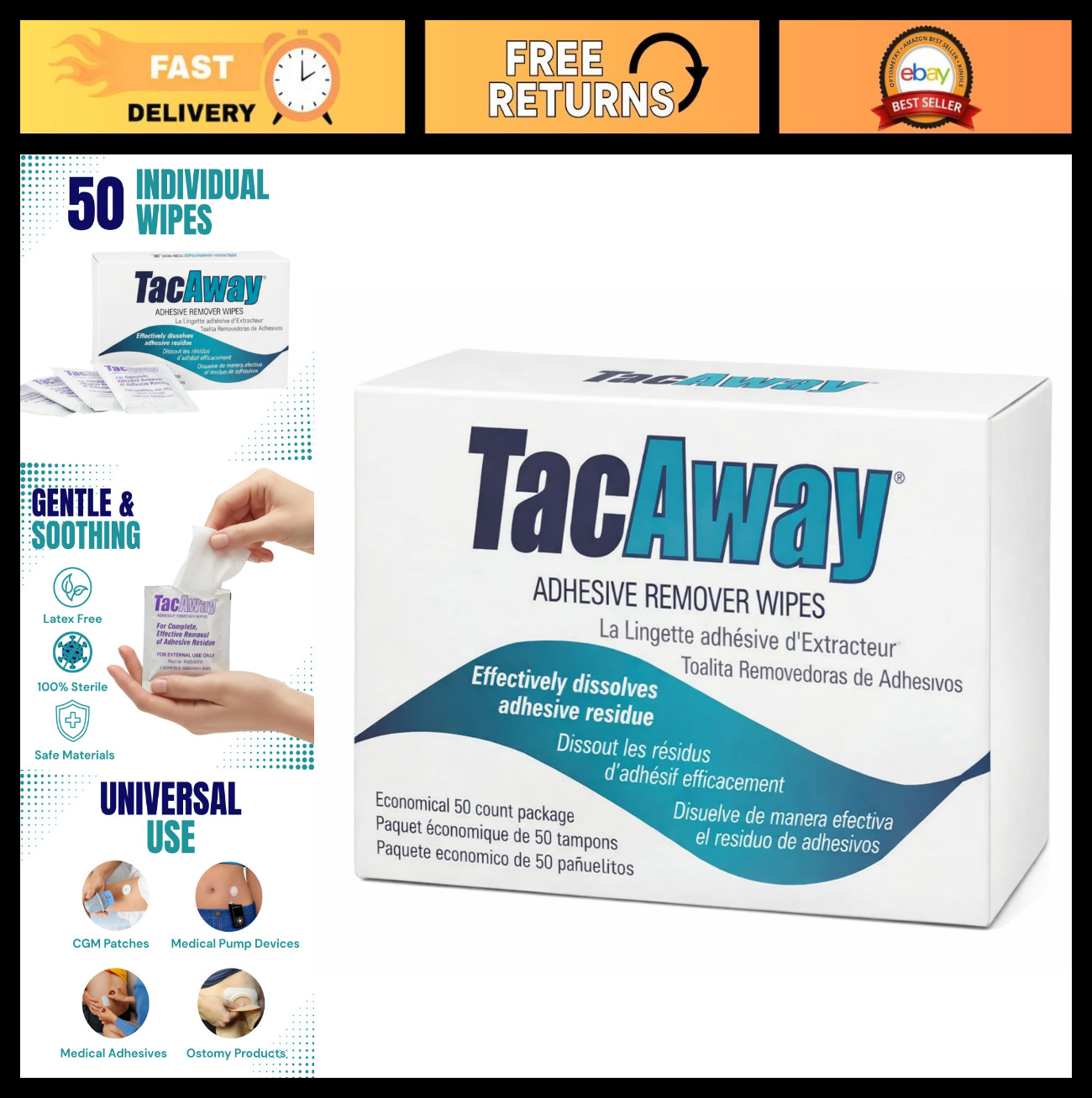 Non-Acetone Adhesive Remover Wipes, 50 Count – Gentle & Effective for Skin & Sur