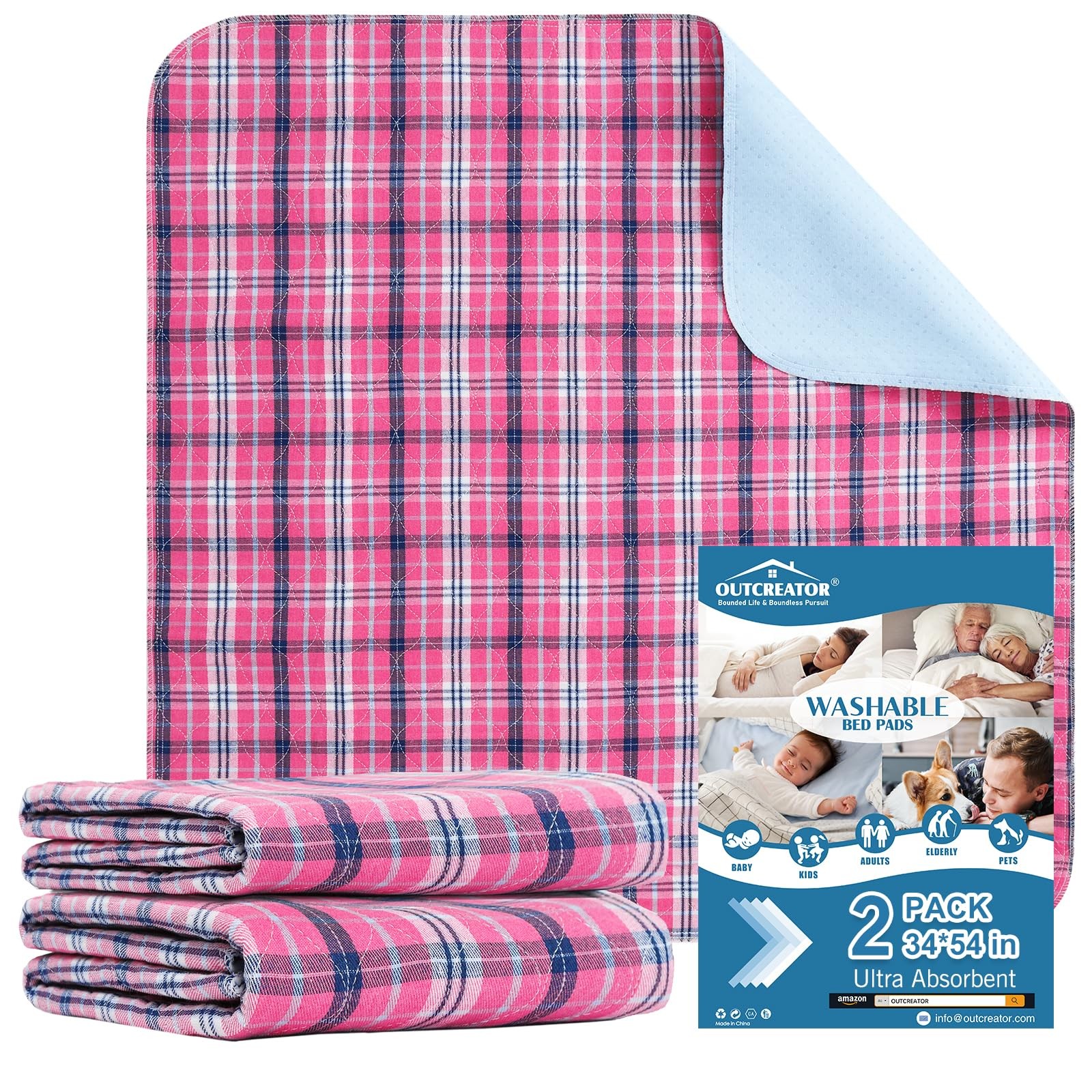 2 PCS 34×54 Inch Pink Plaid Washable Bed Pads Incontinence Underpads Adults