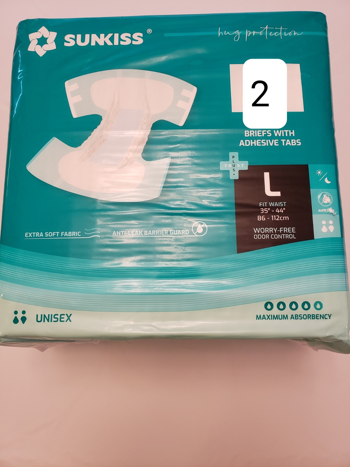 (2) Samples of Sunkiss Trust Plus Diapers Size Large Maximum Absorbency 35″-44″