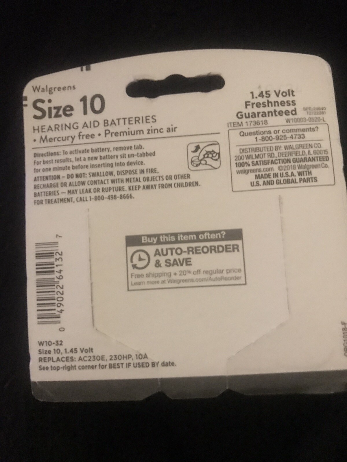 Walgreens Hearing Aid Batteries Yellow Size 10, 1.45V Premium Zinc Air 32 Pack