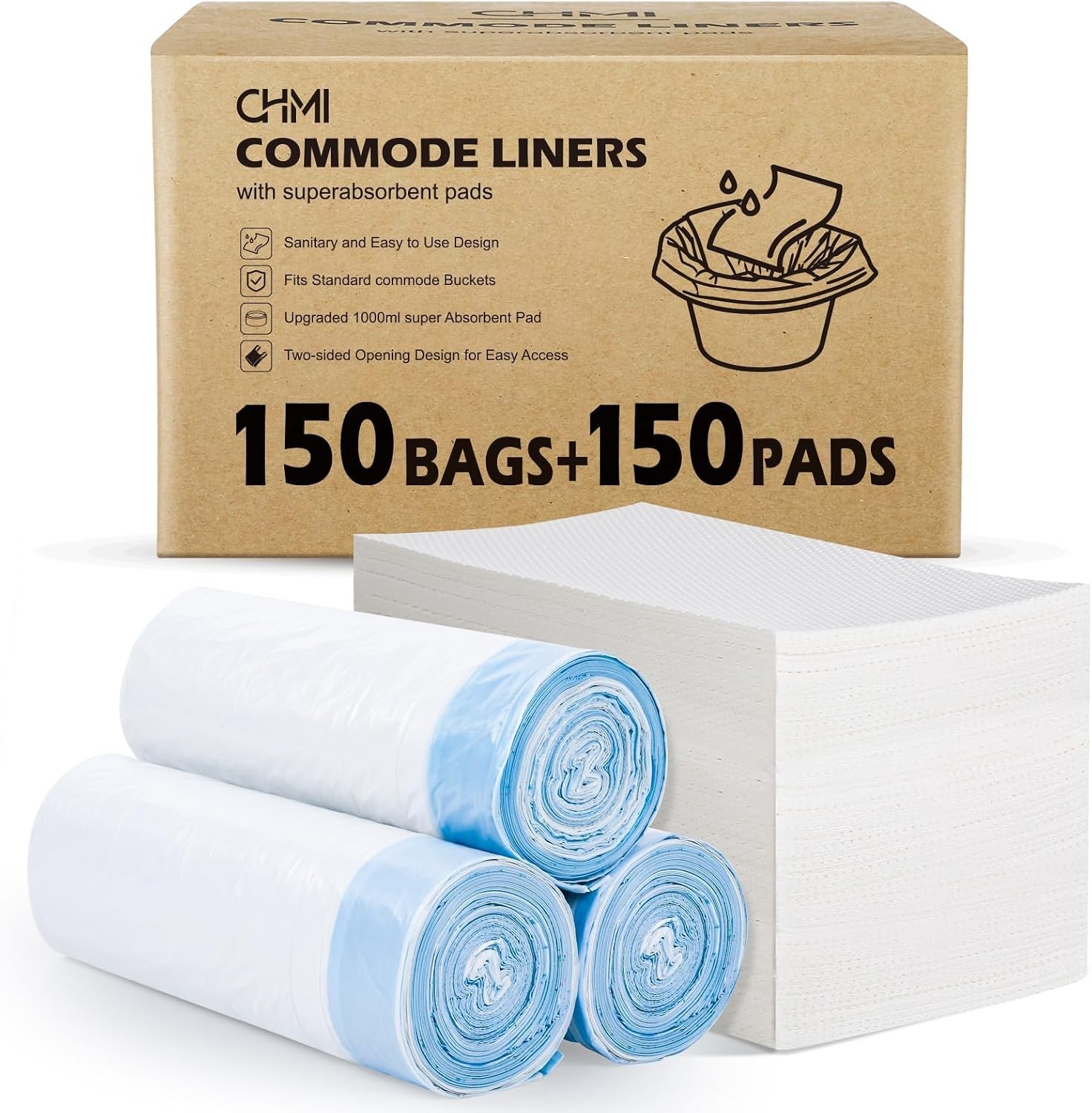 150 Pack Commode Liners with Absorbent Padsï¼Œ150 Disposable Commode Bags and 1