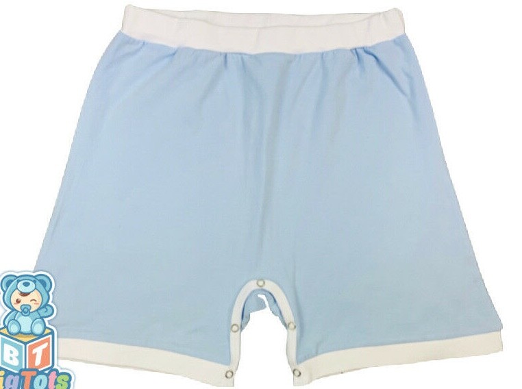 Adult snap crotch shorts baby blue w/white trim pockets