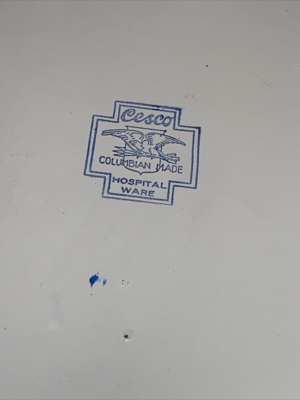 VINTAGE CESCO HOSPITAL WARE URINAL/ BEDPAN / WHITE ENAMELED~BLUE TRIM
