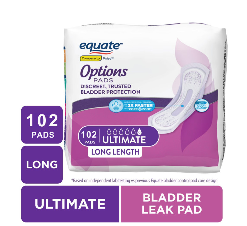 Equate Options Women’s Incontinence Pads, Ultimate Absorbency, Unscented (102 )