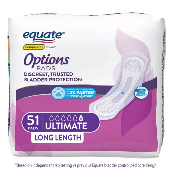 Equate Options Women’s Incontinence Pads, Ultimate Absorbency, Long, 51 Count