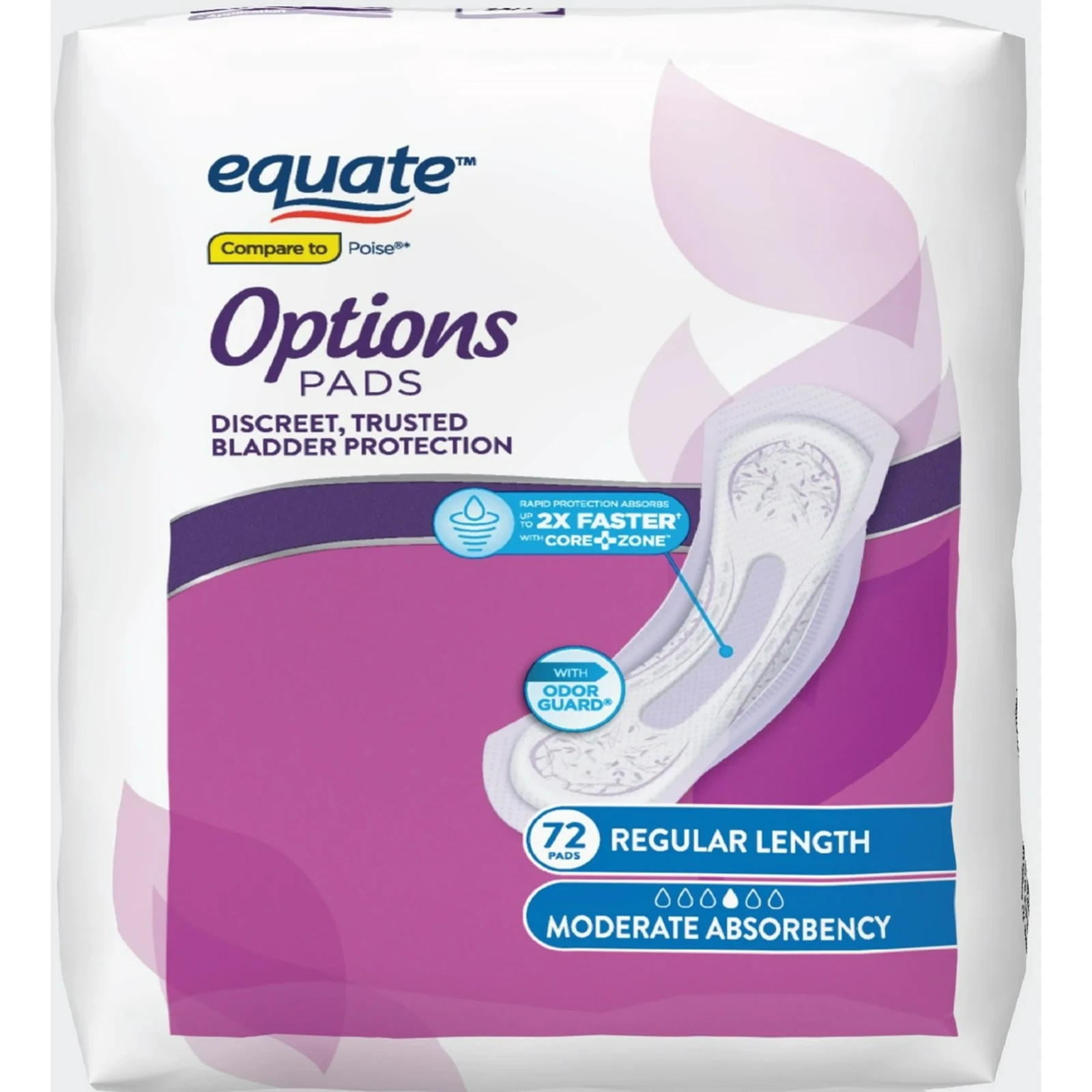 2 Pack Equate Options Moderate-Heavy Incontinence Pads for Women, 72 Ct, White