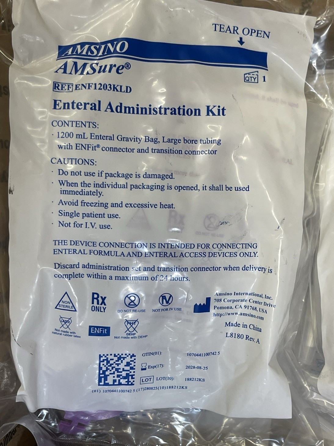 Lot of 8 Amino AMSure Enteral Gravity Bag 1200 ml with Enfit Connector 08/2028
