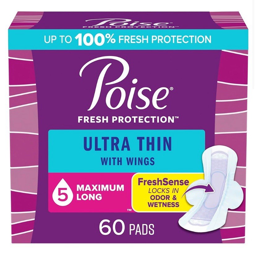 Poise Ultra Thin 5 Incontinence & Postpartum Pads with Wings 60 Pads