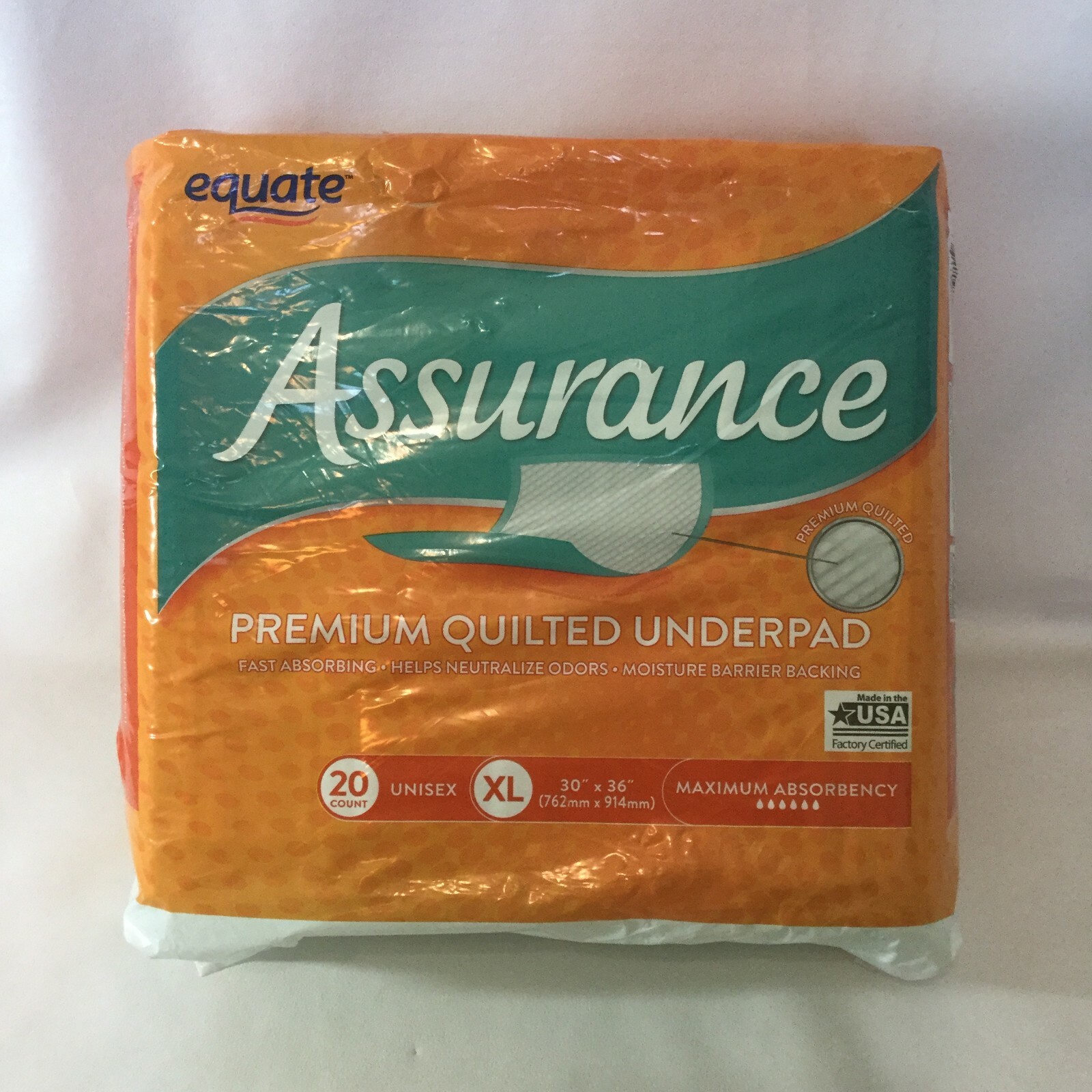 Equate 20ct Assurance Maximum Absorbency Premium Quilted Underpads Size XL 20ct