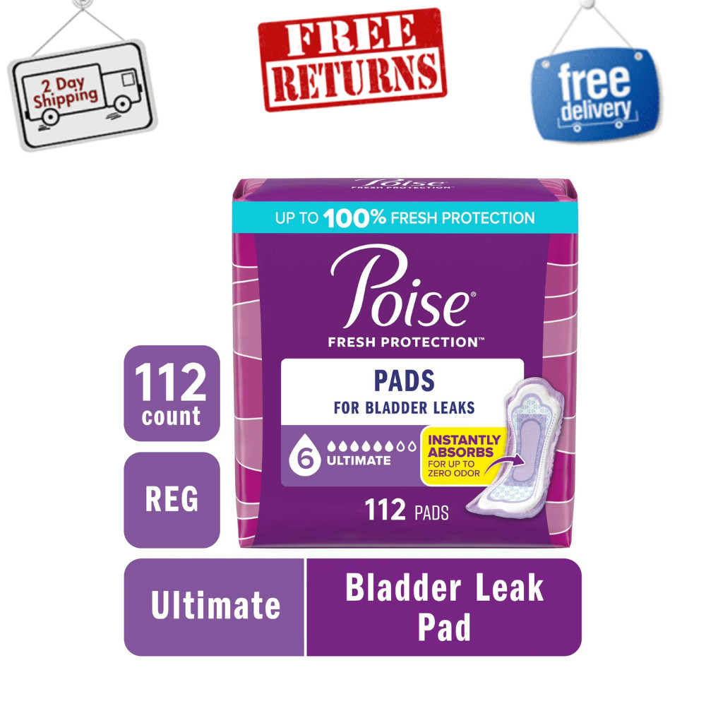 Poise Incontinence Pads for Women, 6 Drop Ultimate Absorbency, Regular, 112Count
