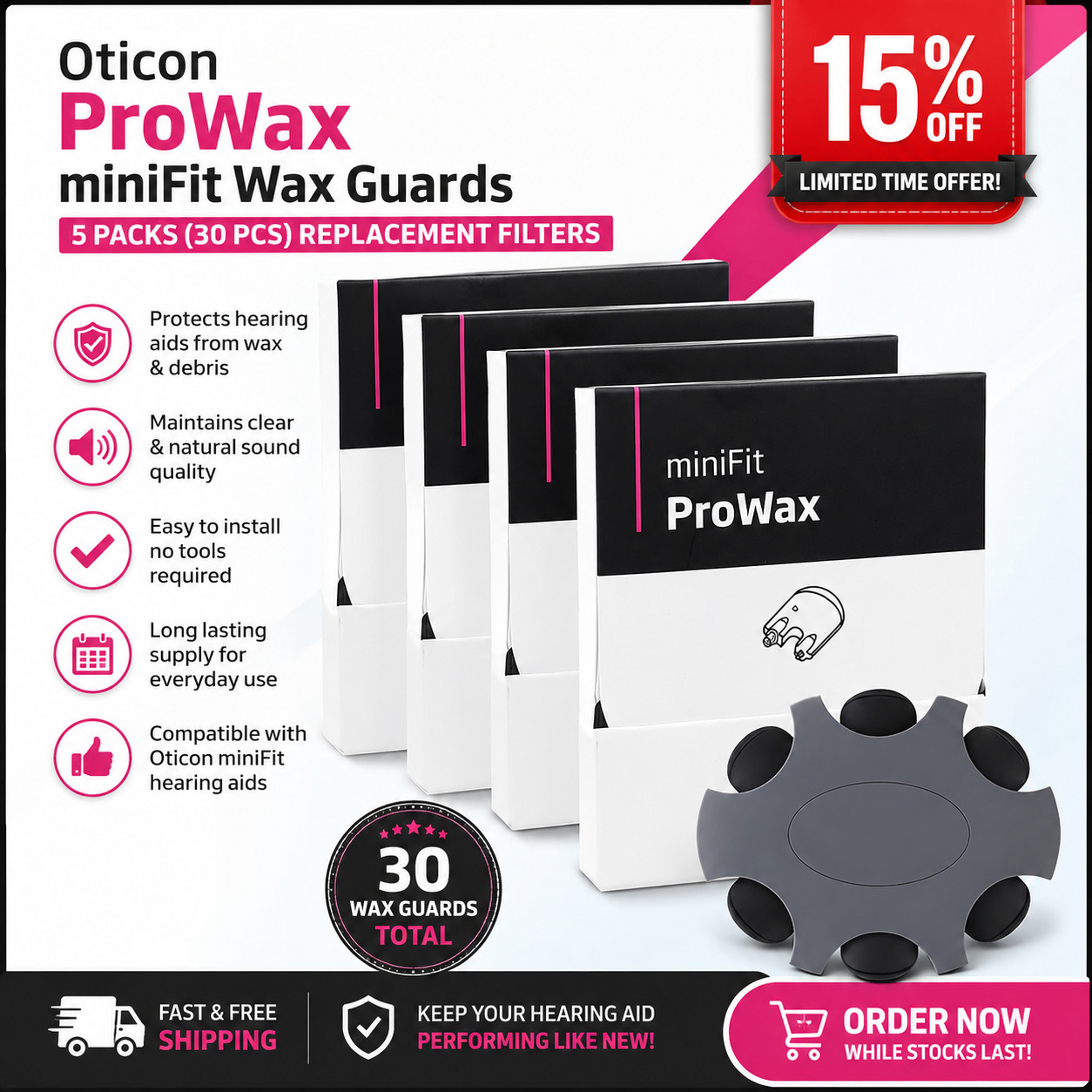 Oticon ProWax MiniFit Wax Guards – 5 Packs (30 Pcs) Replacement Filters NEW USA*