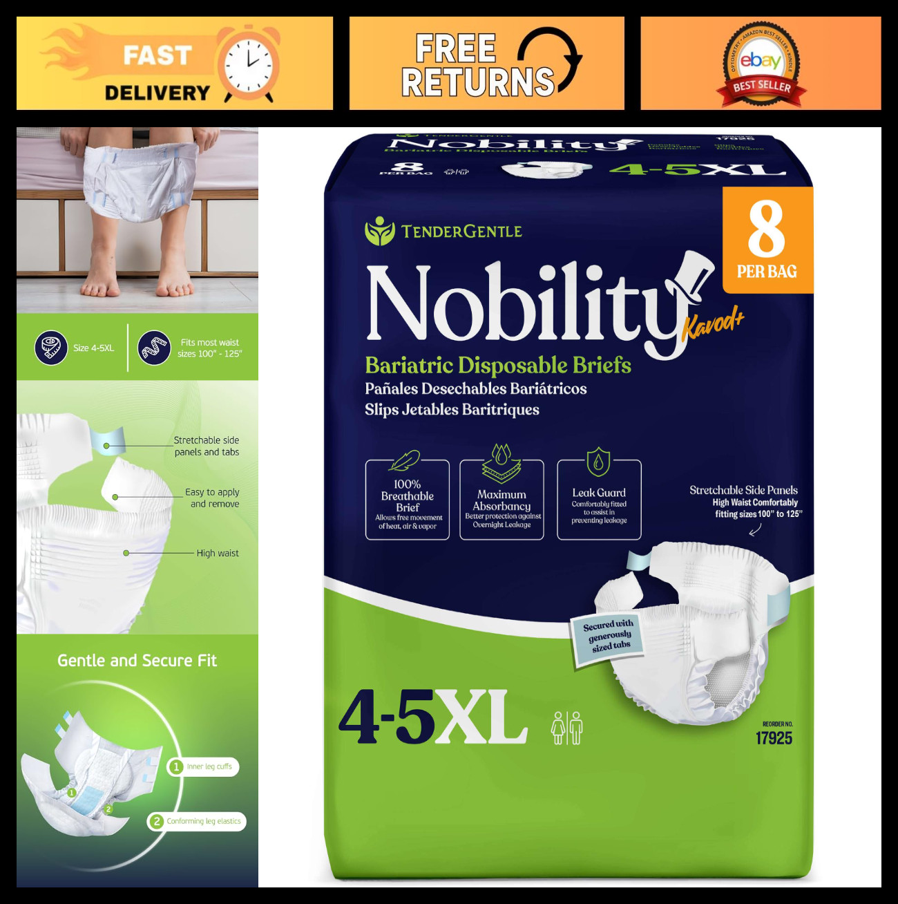 4-5XL Bariatric Adult Diapers – 8 Disposable Briefs, Stretchable Tabs, Maximum A