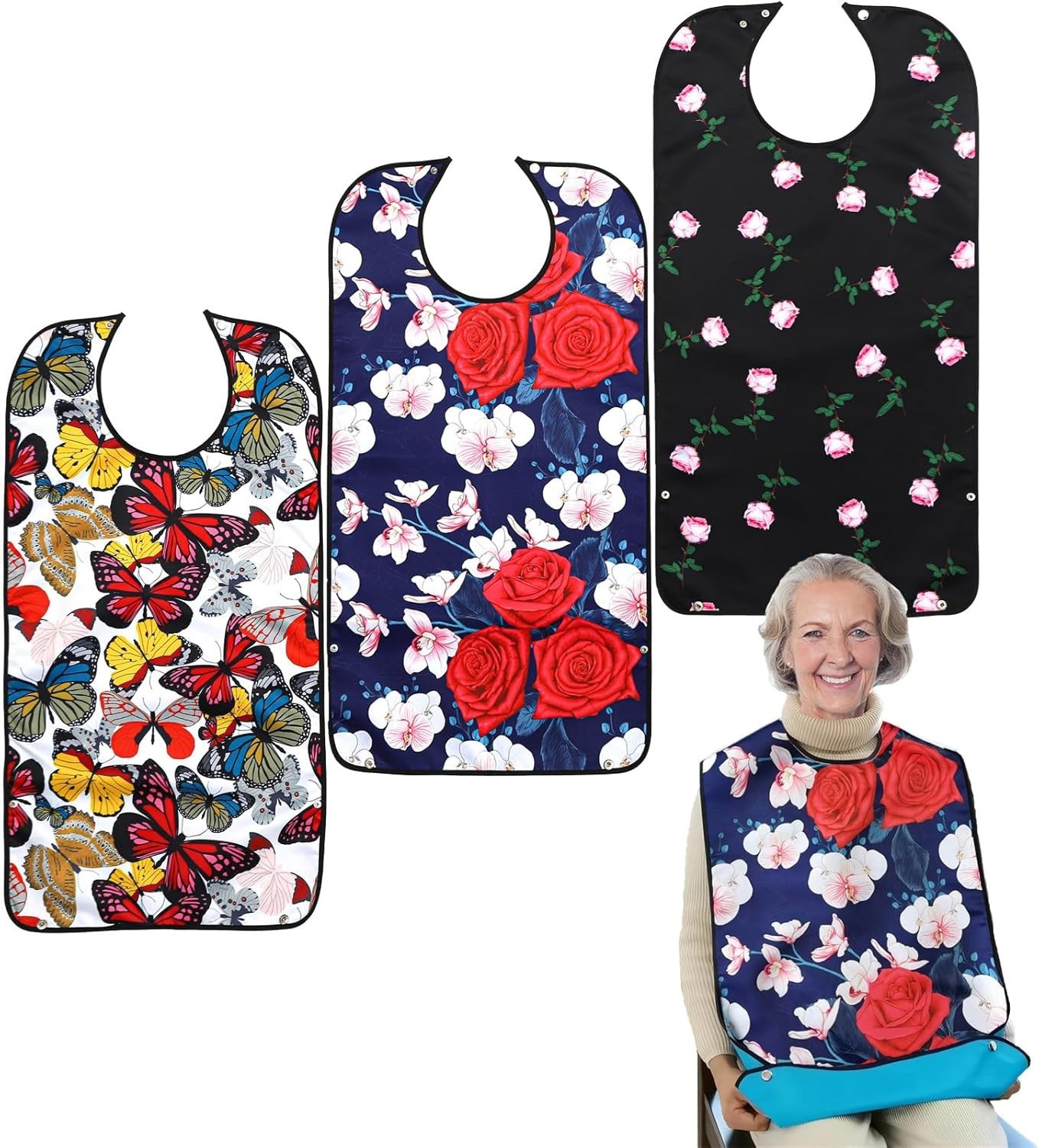 Large 3 Pack Washable Adult Bibs with Adjustable Snap & Crumb Catcher Features