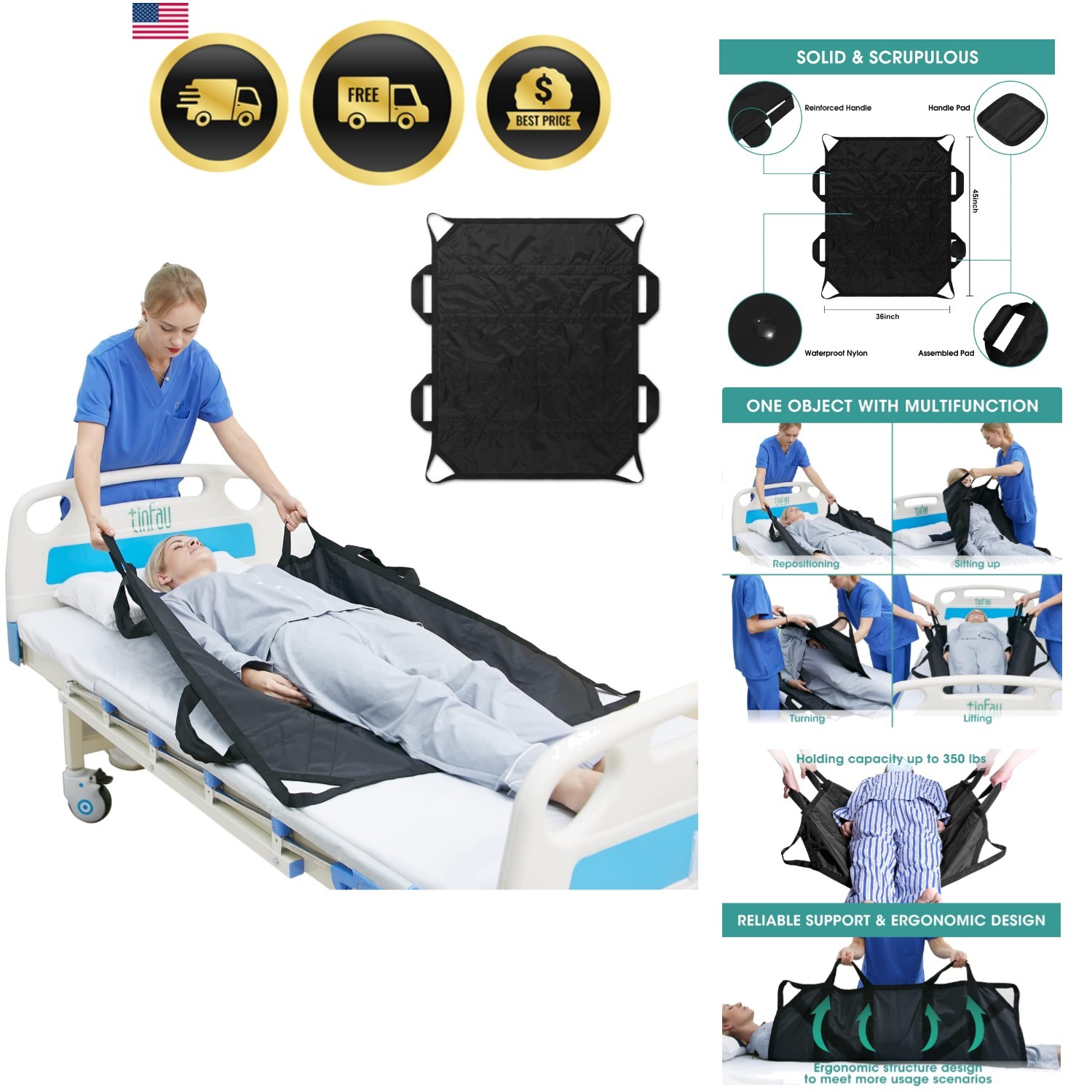 45″ x 36″ Positioning Bed Pad with Handles Washable Draw Sheets for Hospital …