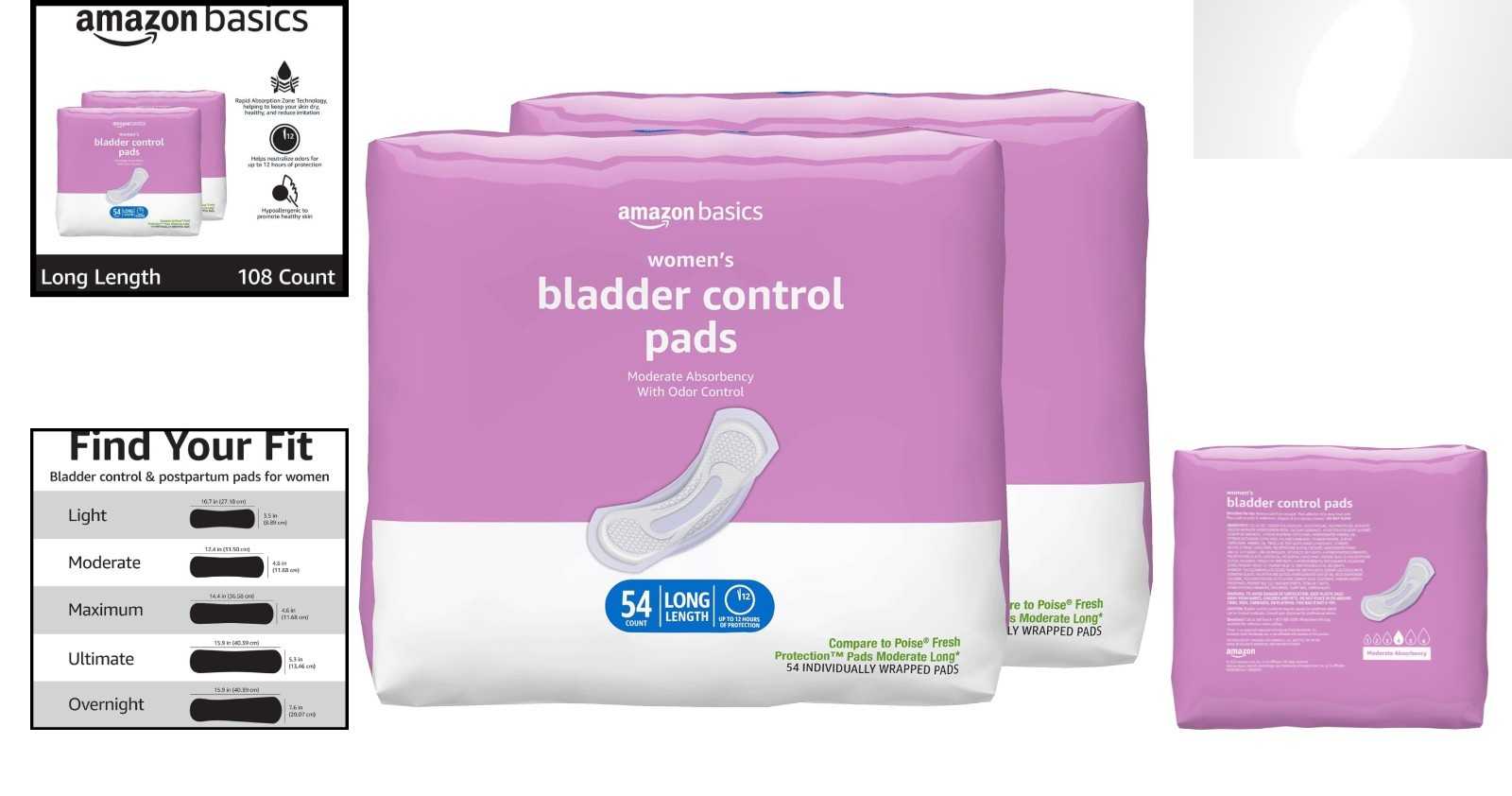 Advanced Bladder Control Pads for Women – Long & Moderate Absorbency, 108 Count