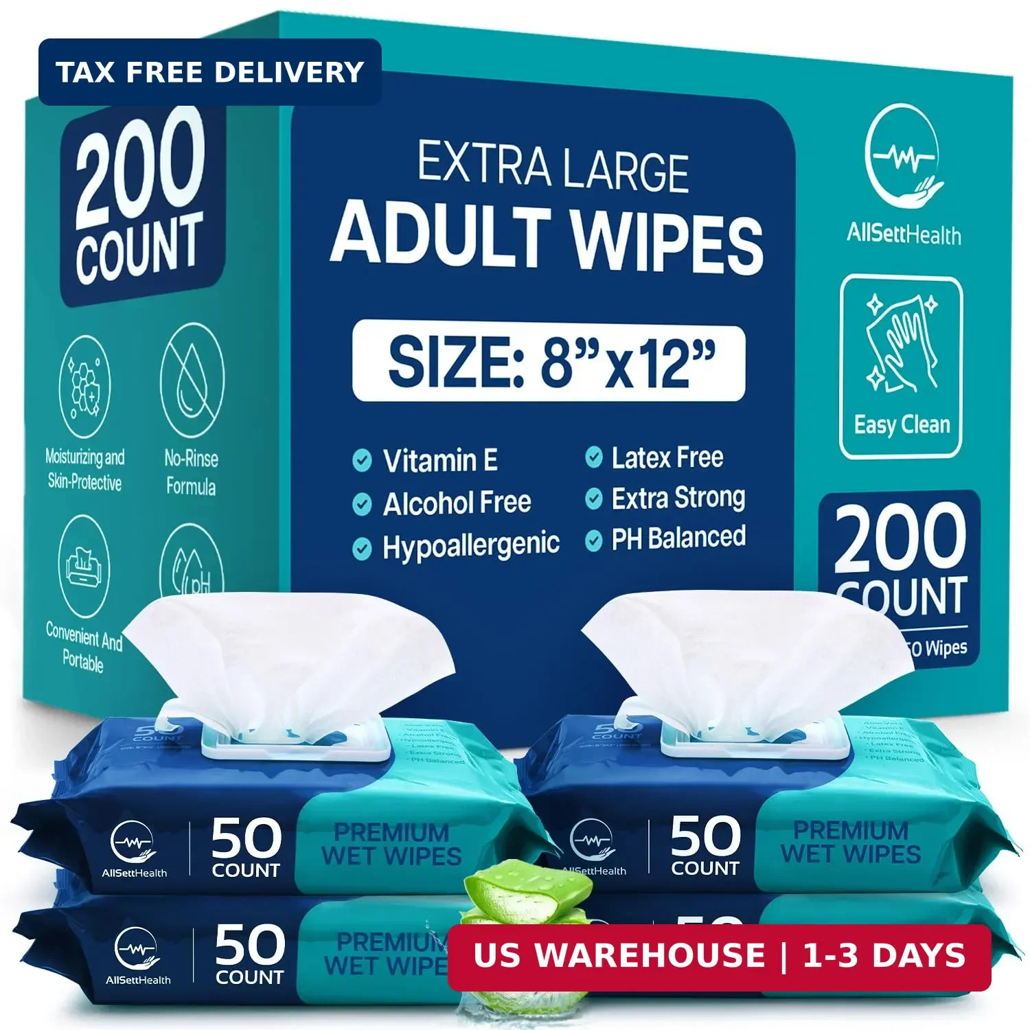 Body Wipes for Adults Bathing No Rinse – Adult Wipes for Elderly 8″ x 12″ (200 c