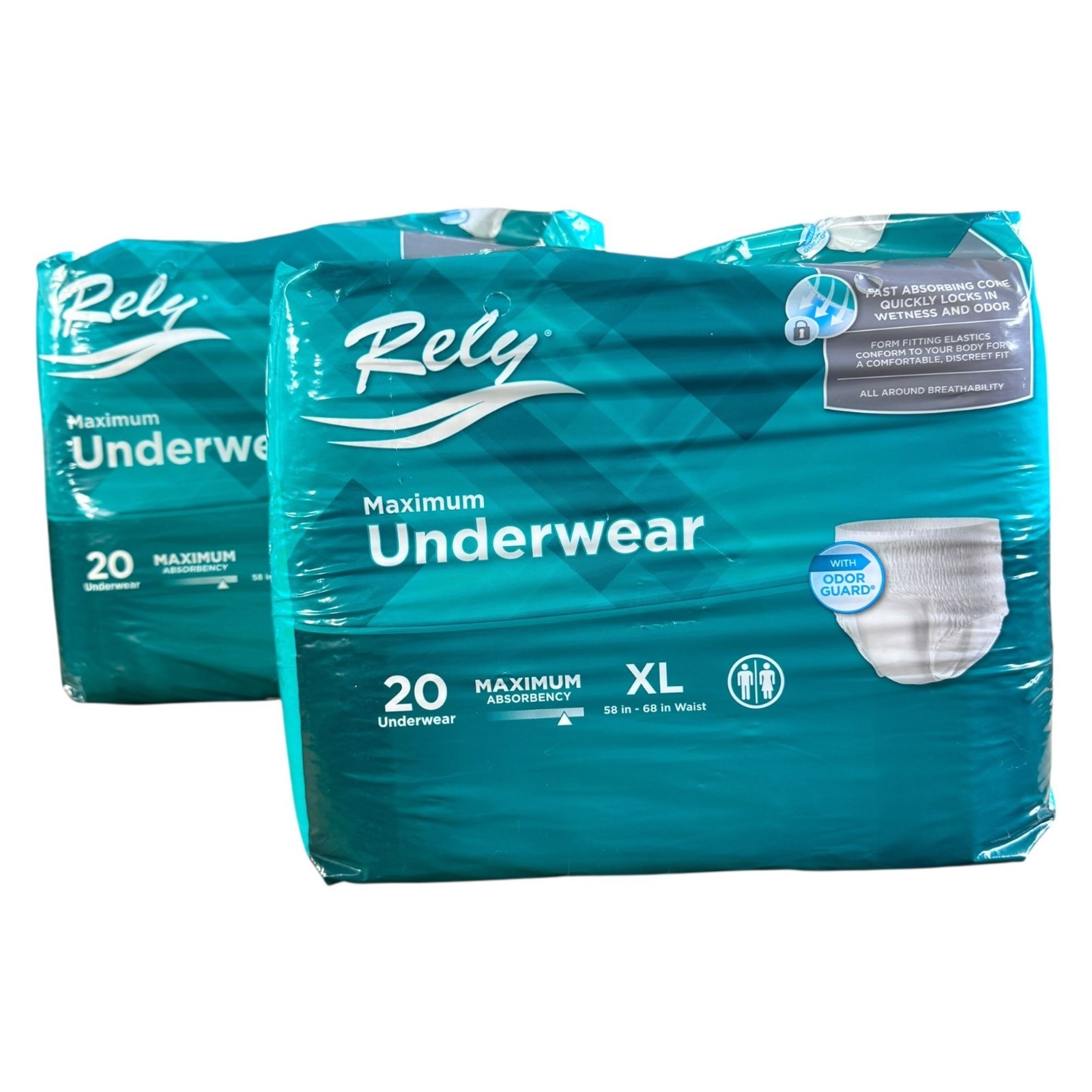 Rely Maximum Absorb Underwear Size XL 2-pack (20 Each) Waist 58-68 Adult Diaper