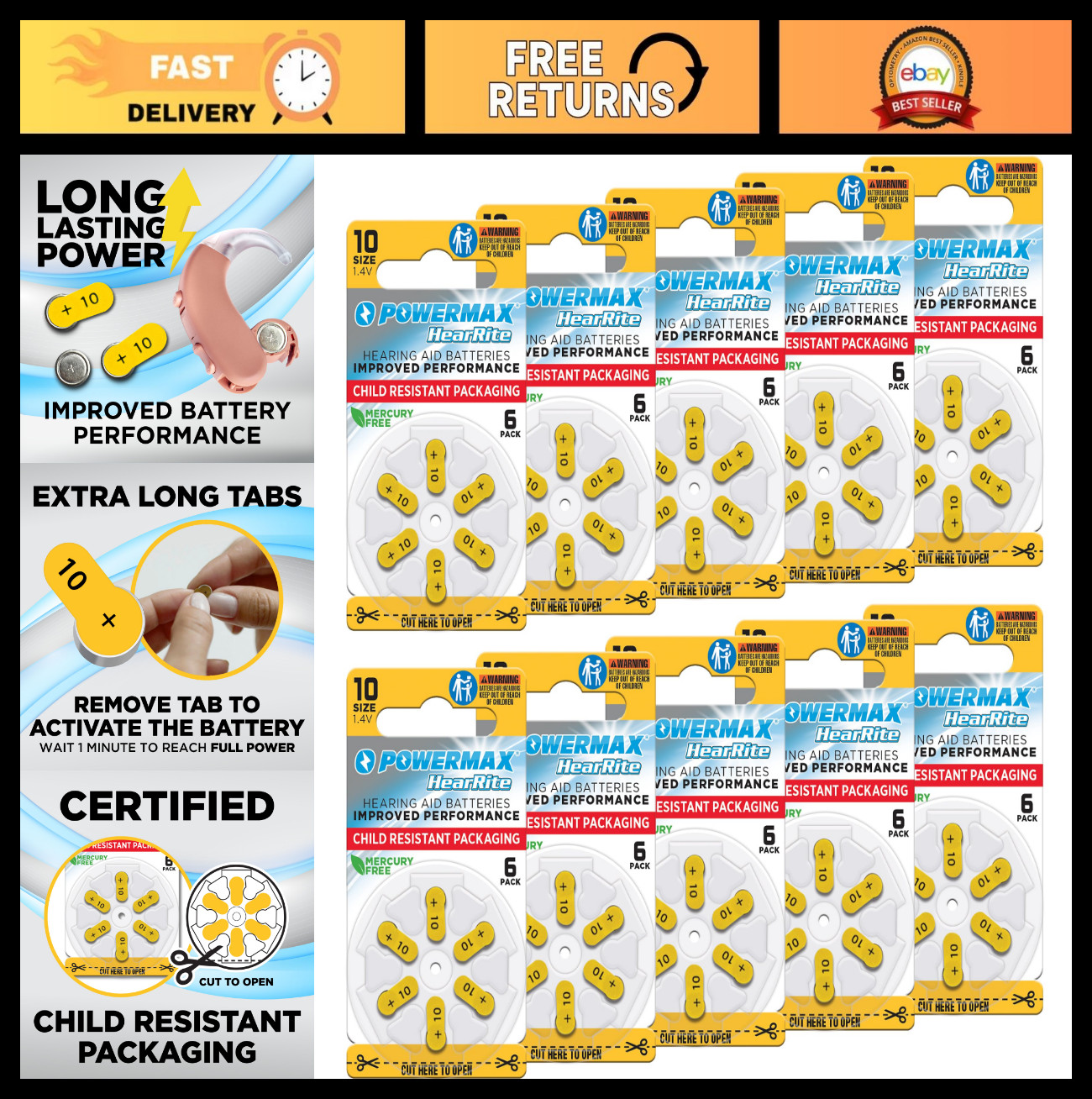 60 Count Size 10 Hearing Aid Batteries – Long-Lasting, Easy Change Yellow Tabs