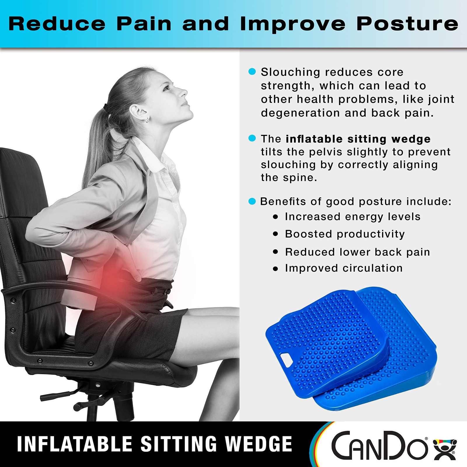 Cando Sitting Wedge Active Seat Wobble Cushion For Posture Back Pain Stress