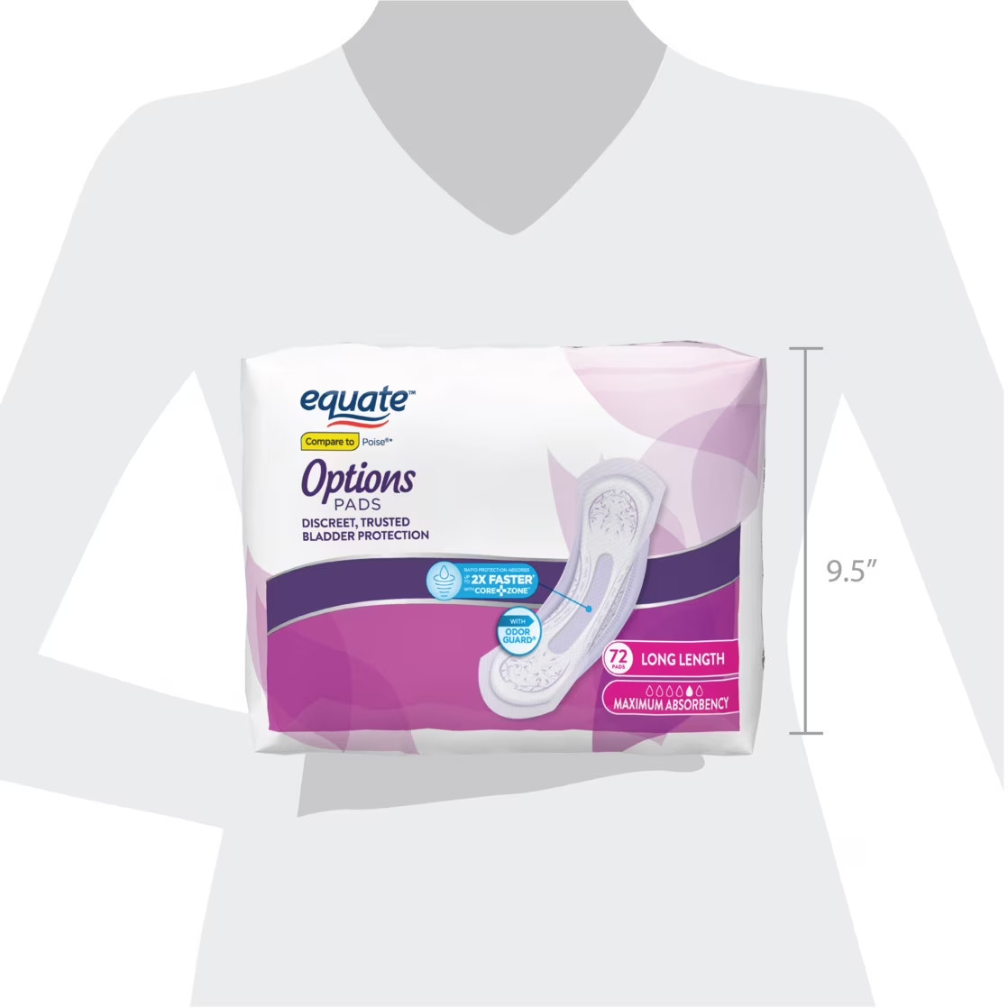 Options Women’s Incontinence Pads Extra Coverage, Maximum, Long Length, 72 Count