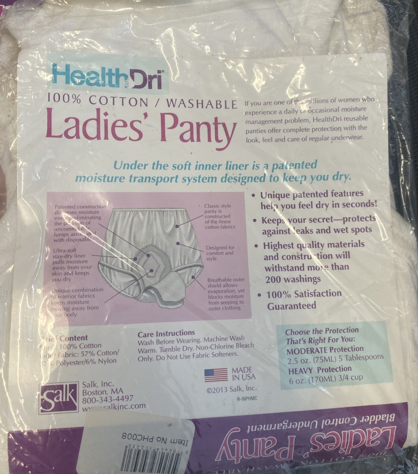 Lot 3 Health Dri Washable Ladies Panty Sz 8 White Salk Bladder Control Cotton