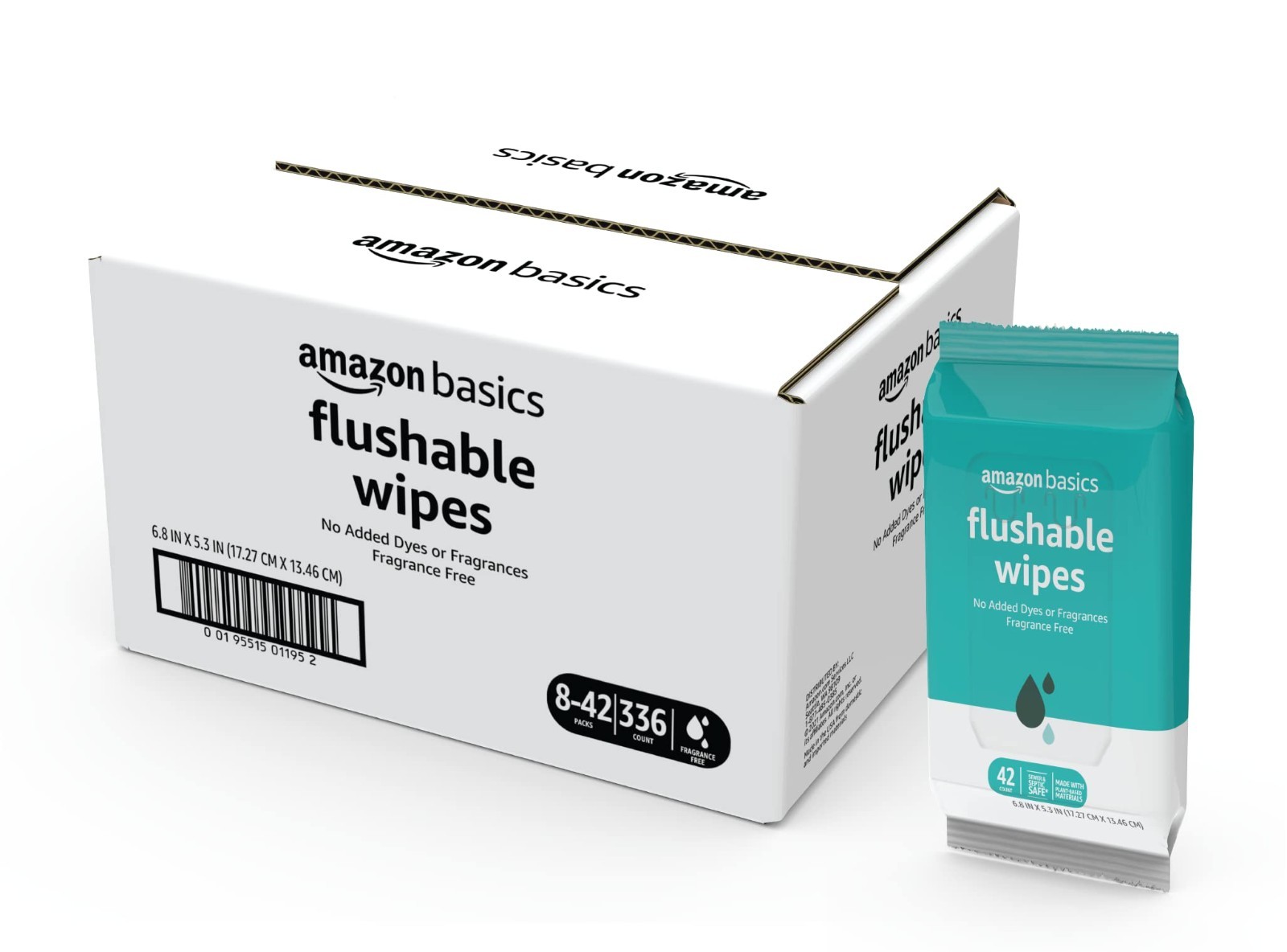 Flushable Adult Toilet Wipes, Fragrance-Free, 42 Count, Pack of 8, Total 336 Wip