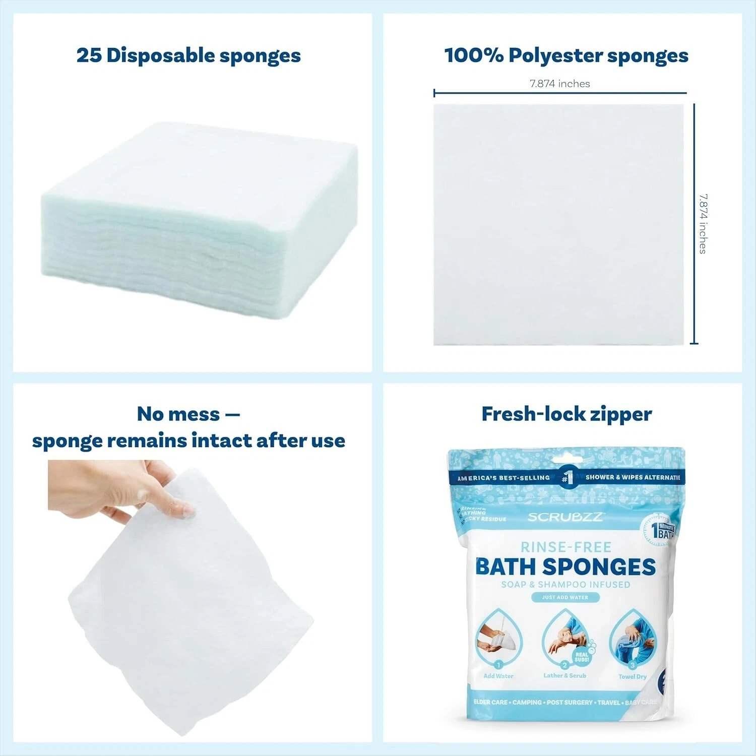 All-in-One Bathing Sponge Wipes – 25 Rinse-Free Body Cleansing Towelettes