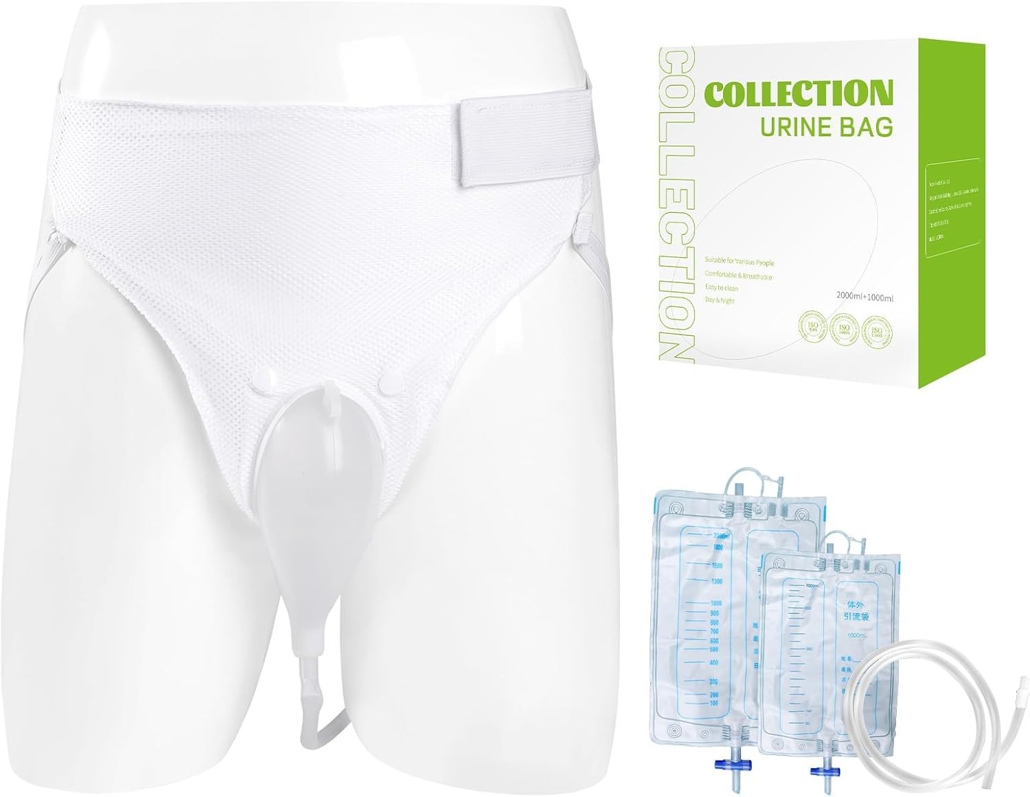 Men Reusable Silicone Urine Bag Set, Portable 2000ML+1000ML for Elderly Bedridde
