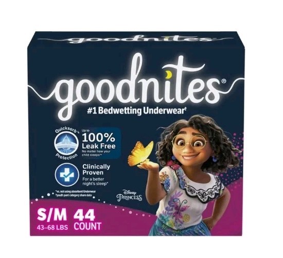 Goodnites Nighttime Bedwetting Underwear, Size S/M (43-68 lbs), 44 Ct, Encanto