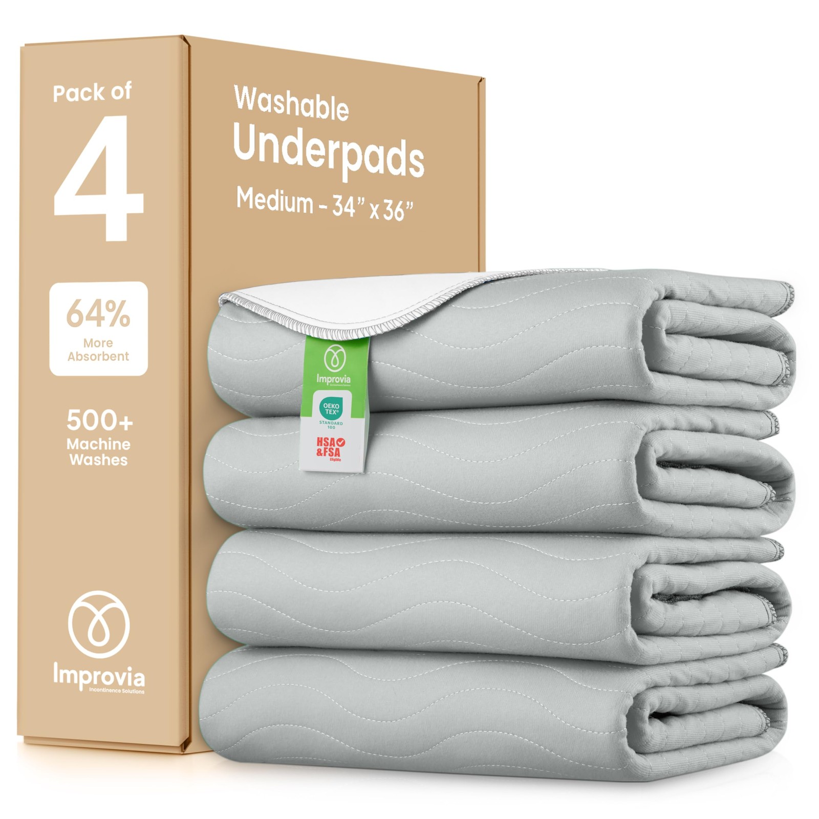 IMPROVIA® Washable Underpads, Heavy Absorbency 34″x36″ (Pack of 4), Gray