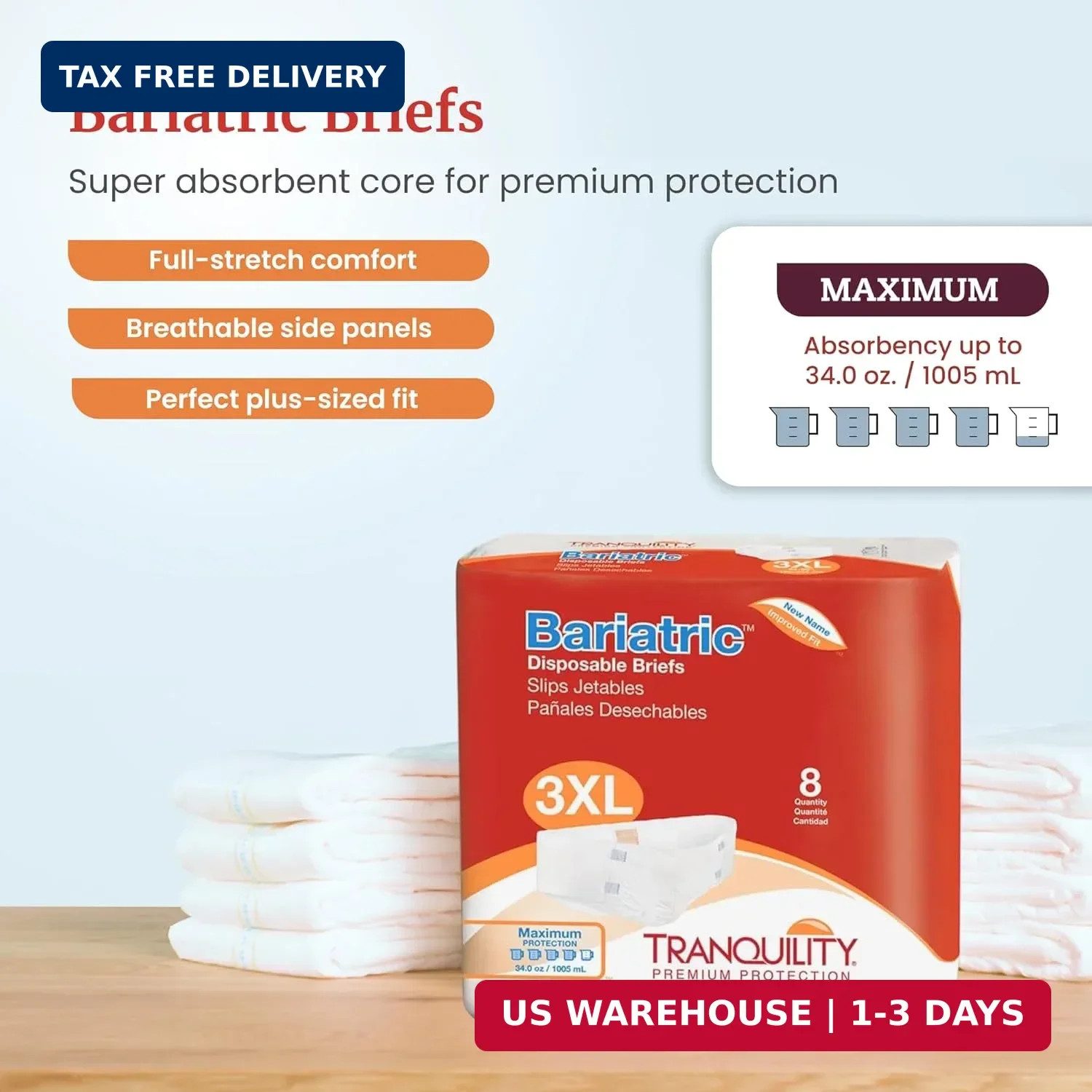 Tranquility Bariatric Disposable Briefs 3X-Large with Peach Mat Core for Dry Ski