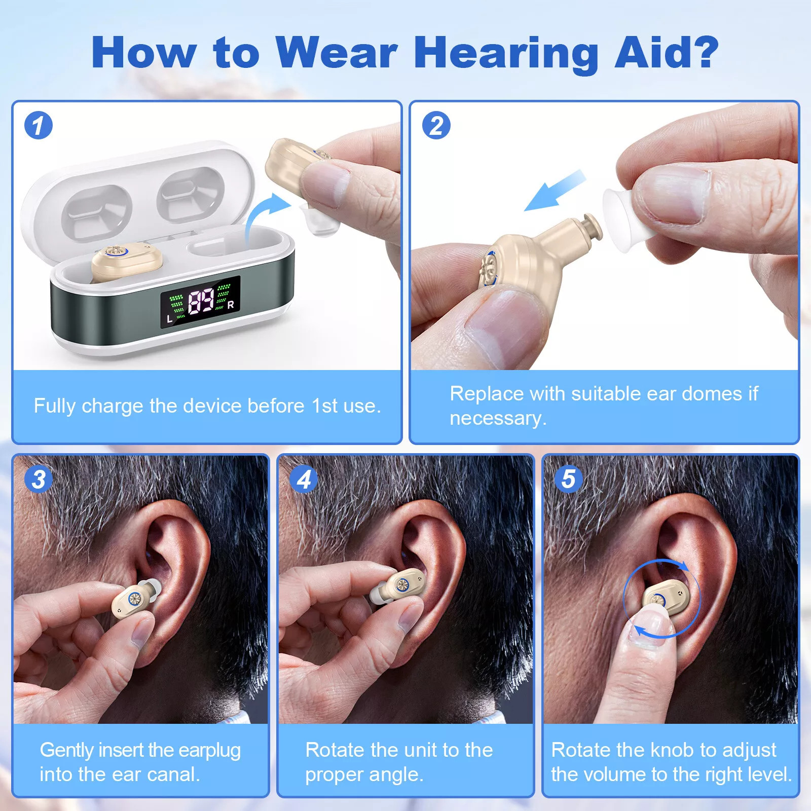 1 Pair Rechargeable Hearing Aids Digital Invisible In Ear Hearing Amplifier Aids