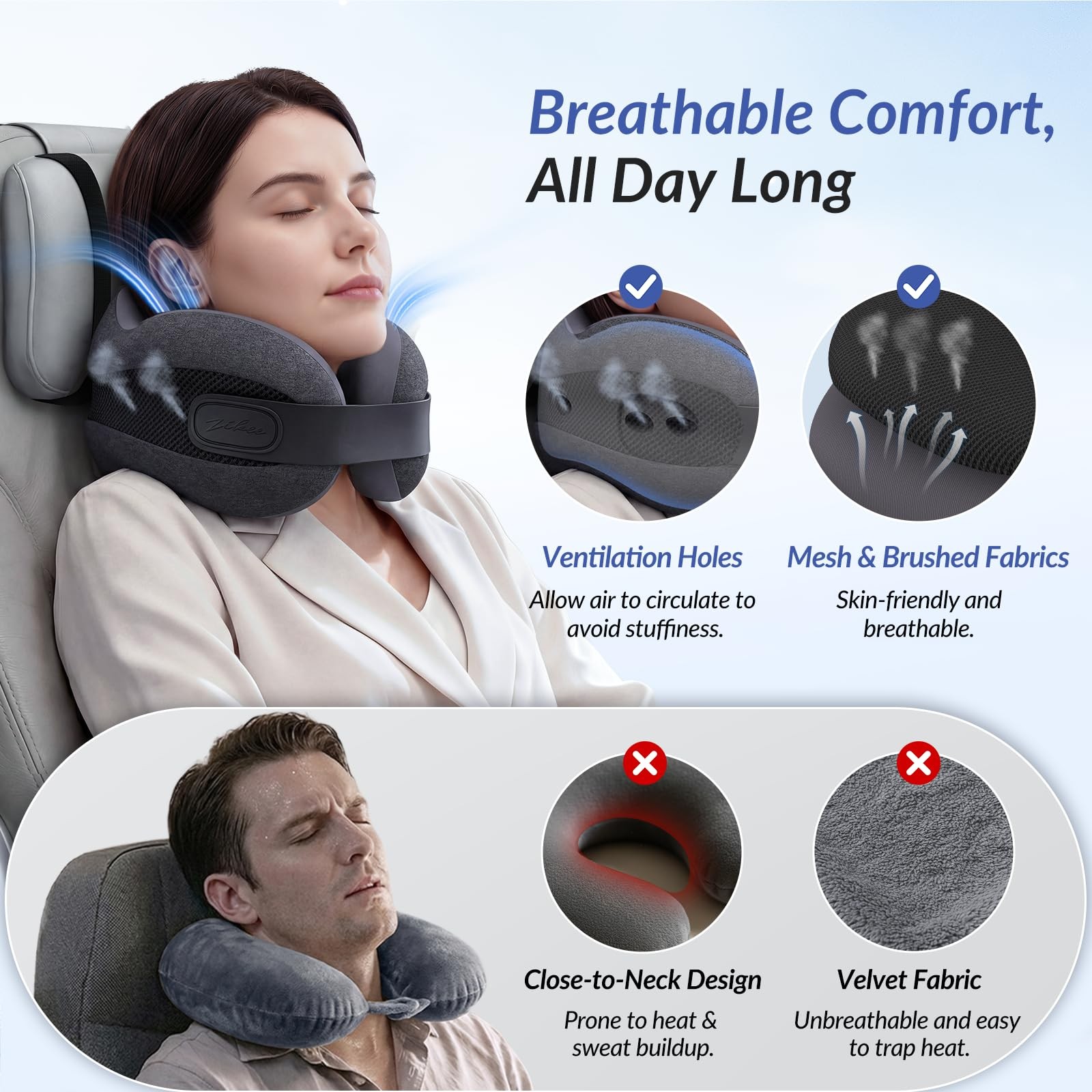 ZIKEE Dual-Layer Memory Foam Neck Pillow for Airplane, Travel Black