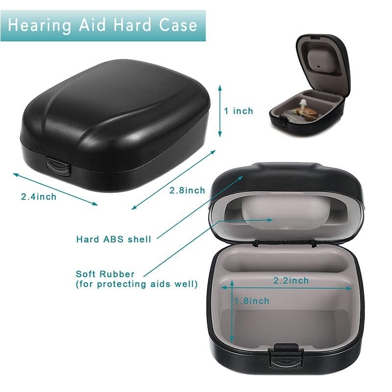 Black Portable Hearing Aid Hard Case with Cleaning Cloth and Brush – Lightweight