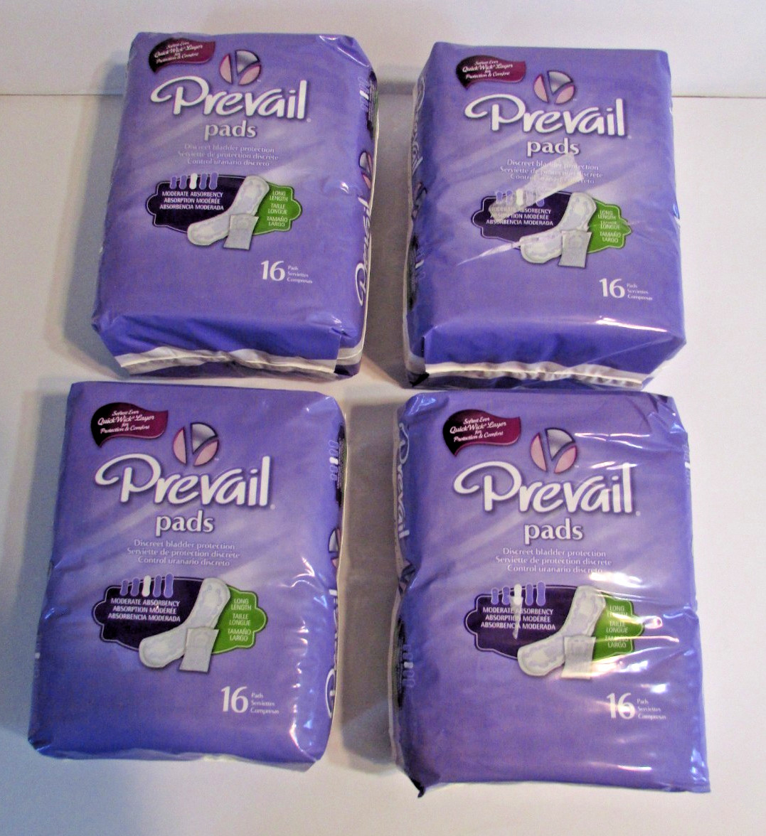 Lot of 4 Prevail Feminine Pads Moderate Long 16 Pads Count Discreet Bladder
