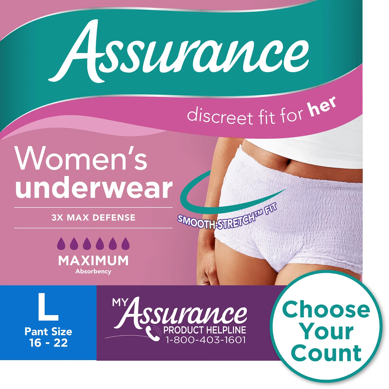 108 Count Assurance Incontinence Underwear Women Max Size Large Pant Size 16-22