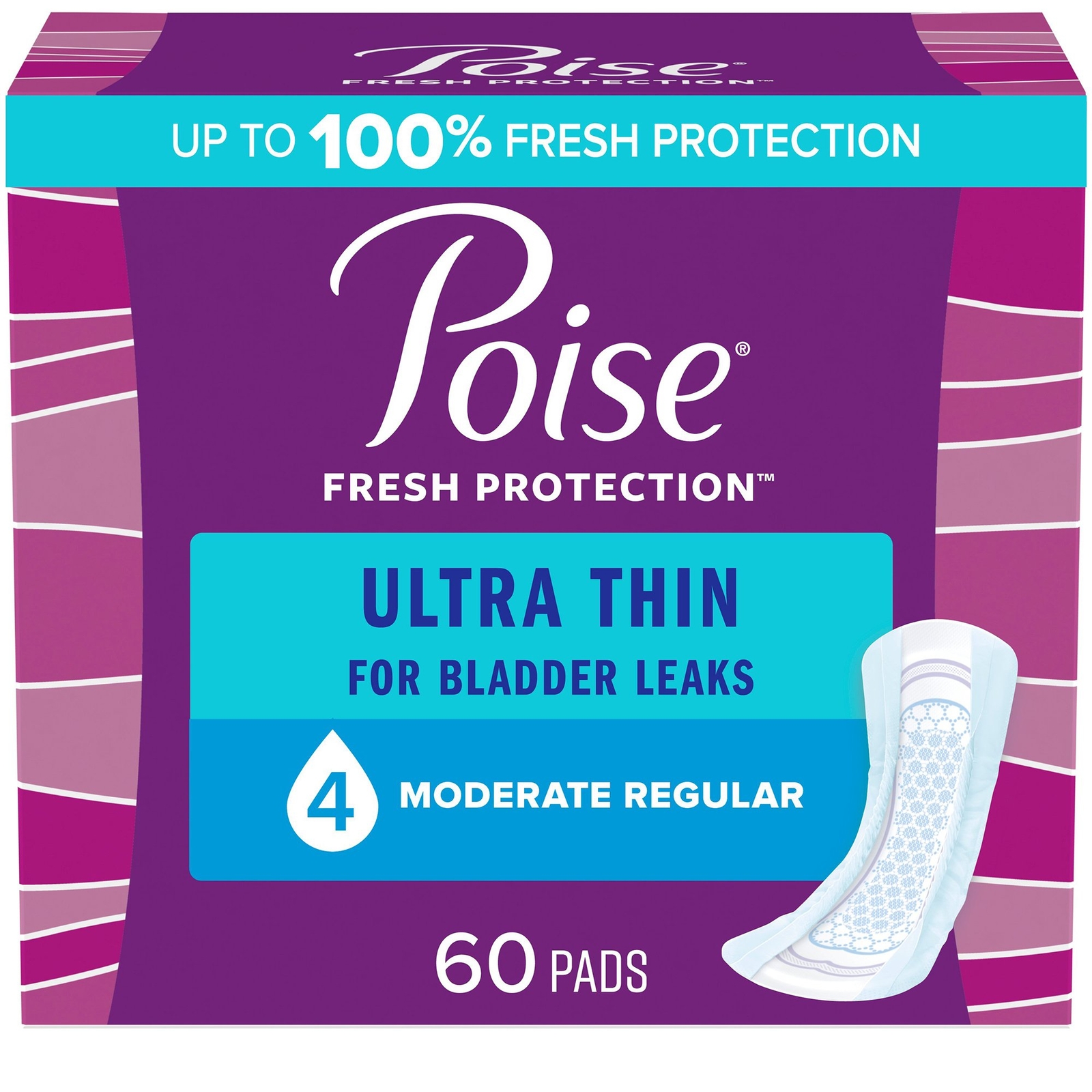 Poise Ultra Thin Pads Moderate 60 Count Regular Length 1024″ Long CA of 180