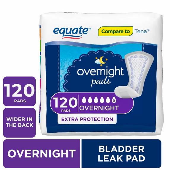 Equate Women’s Overnight Ultimate-Extra Coverage Incontinence Pads Free Shipping