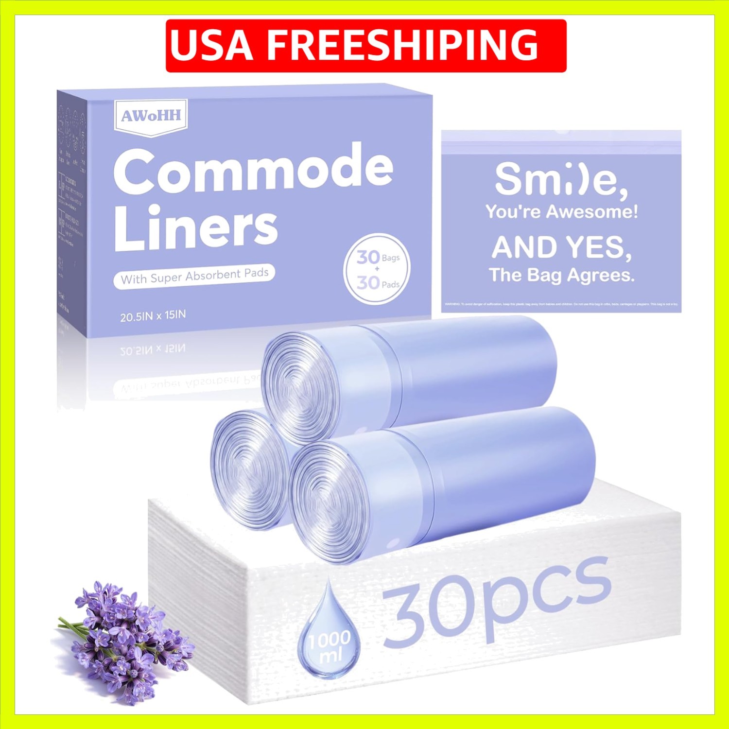 Bedside Commode Liners with Absorbent Pads, Tear-Free Leak-Proof Commode Line…