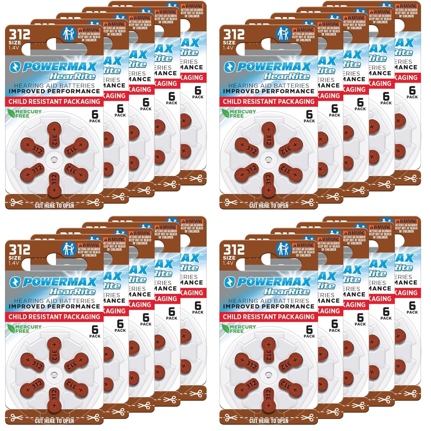 120 Pack Zinc Air Hearing Aid Batteries, Size 312, Brown Tab