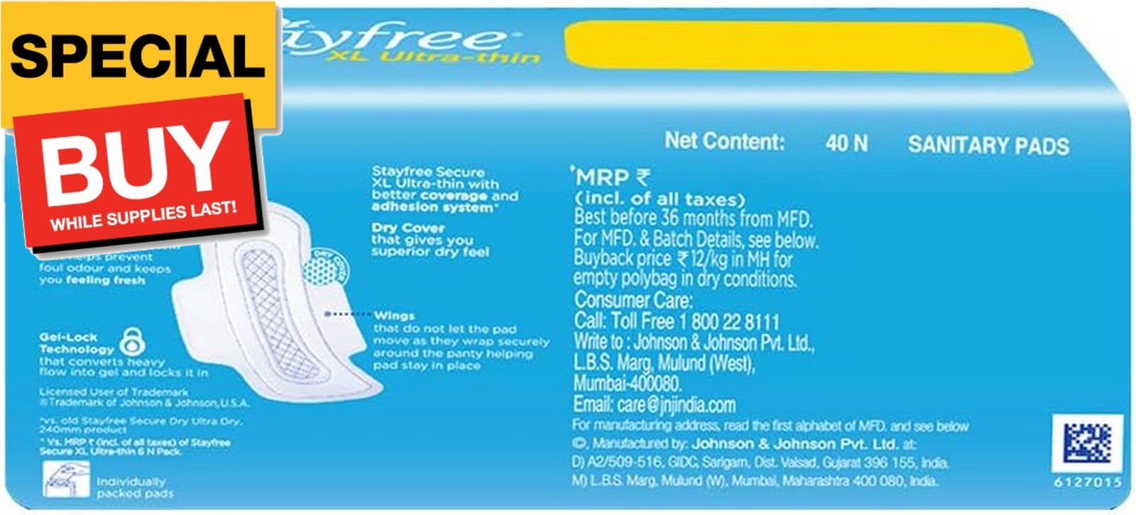 Secure XL Ultra Thin Dry Cover Sanitary Pads For Women With Wings, 40 Pads