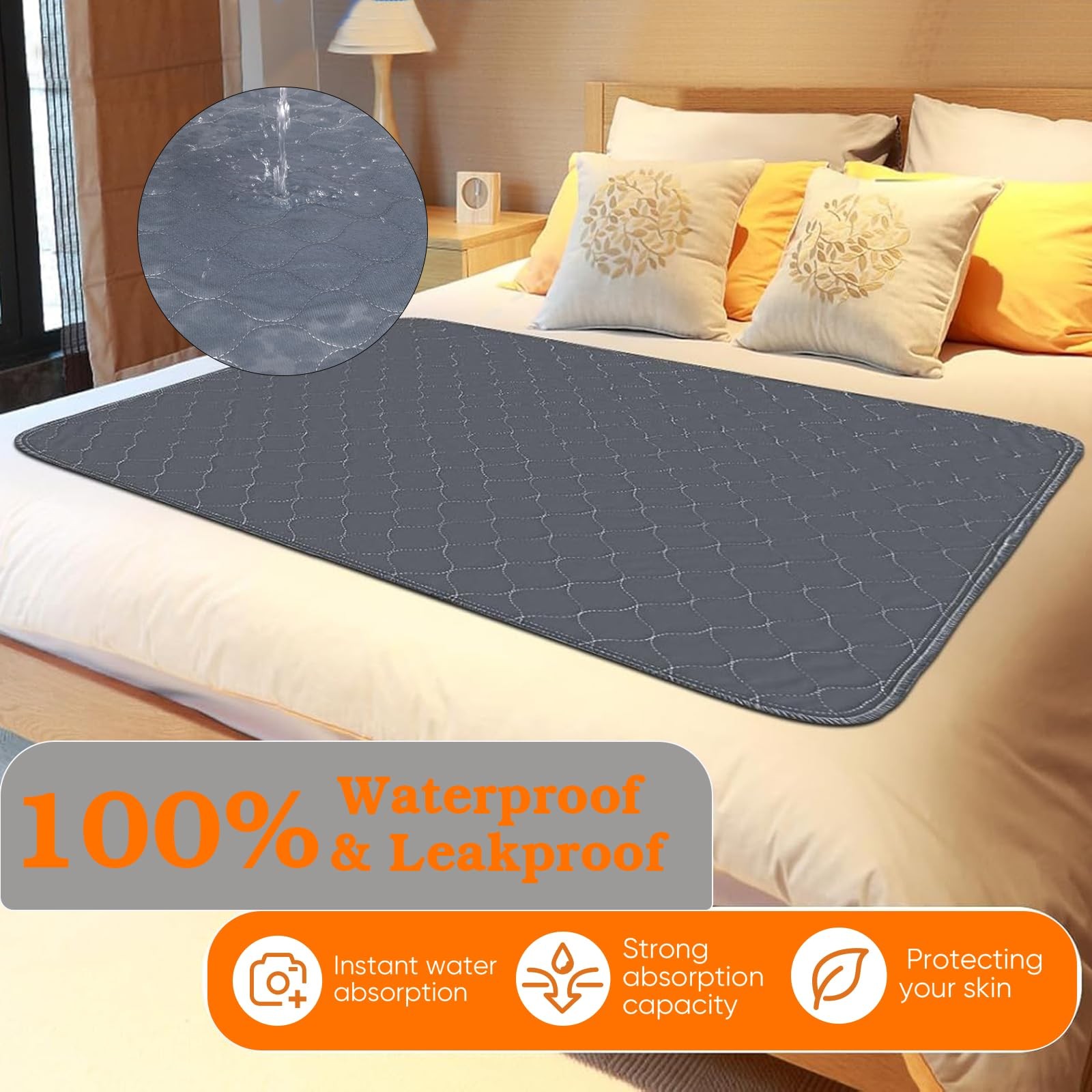 Reusable Chair Pads for Incontinence Absorbent Seat Protector Gray 35×60″