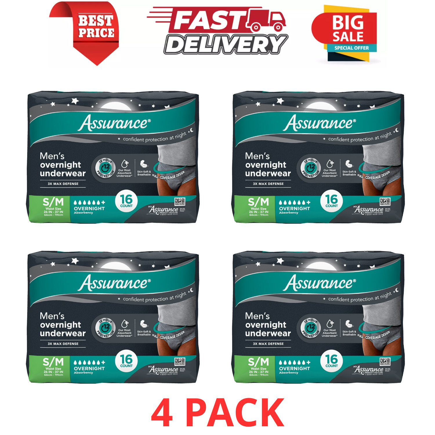 4Pk Assurance Mens Overnight Incontinence Underwear S/M Ultimate Absorbency 16Ct