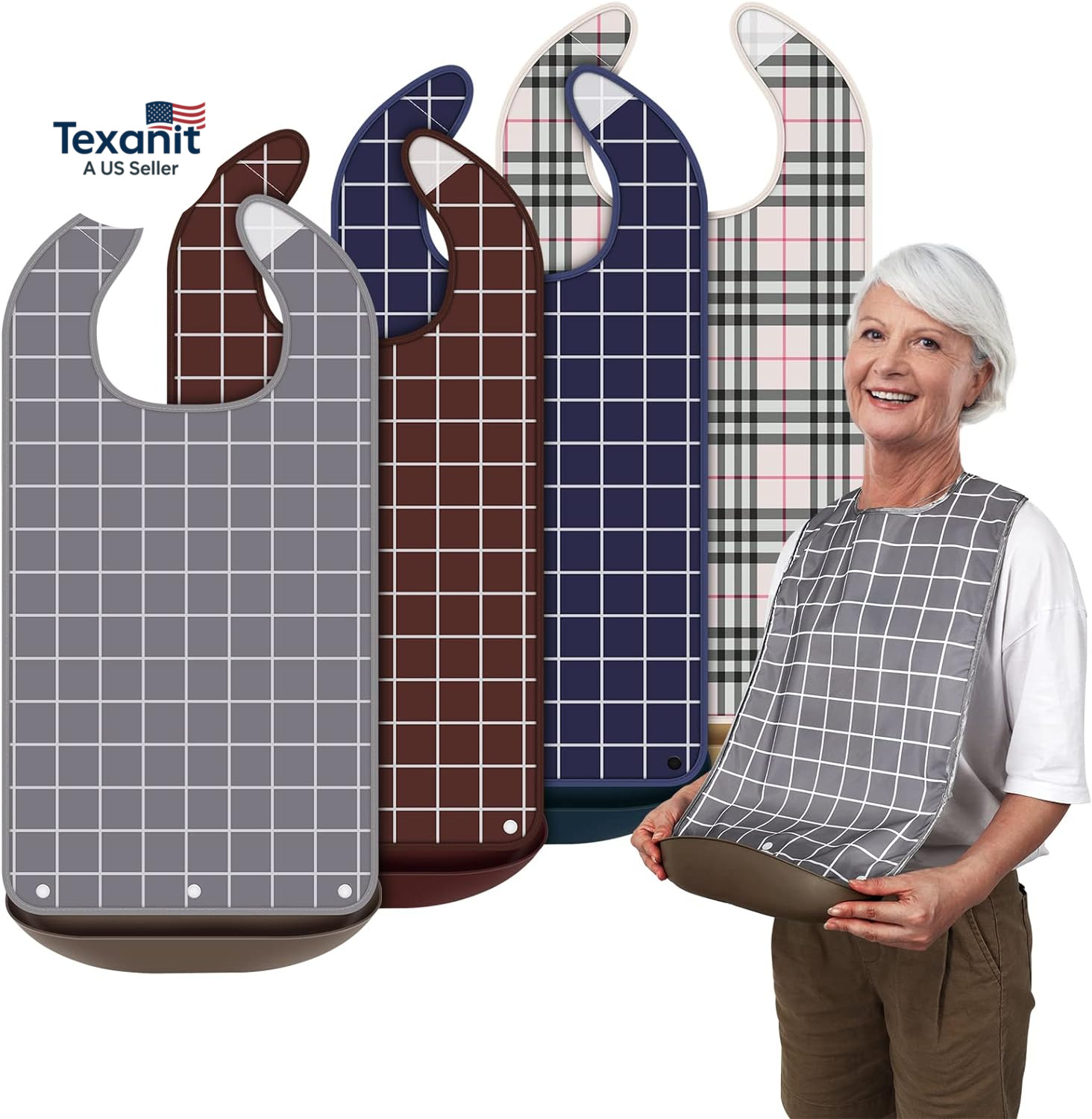 4 Pack Adult Bibs for Eating Waterproof Clothing Protector with Detachable Crumb