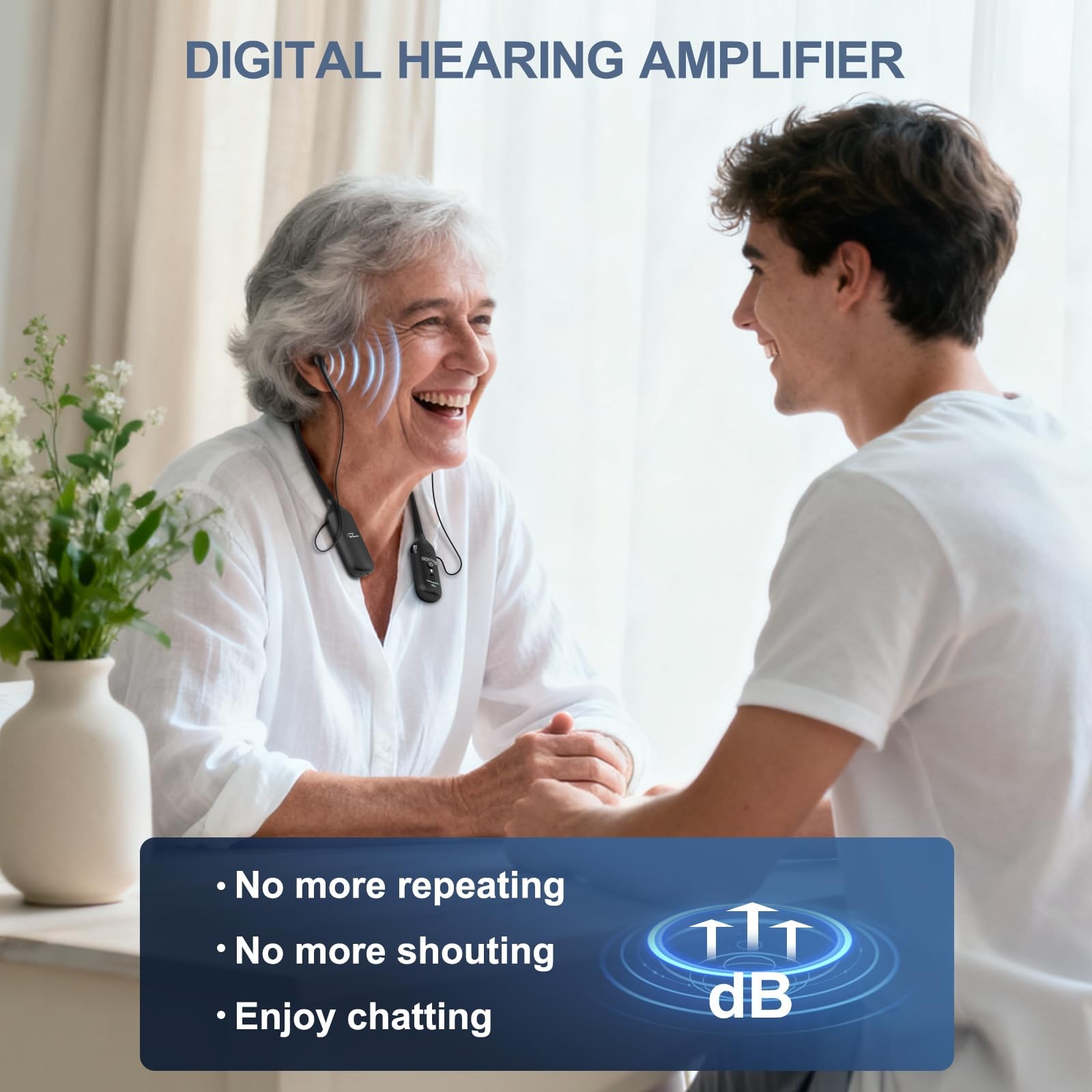 Rechargeable Neckband Hearing Amplifier for Conversation or Black02