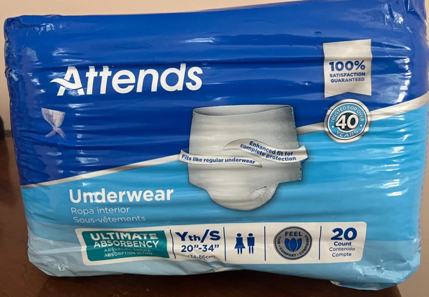 Attends Underwear Youth Small 20”-34” Ultimate Absorbency Unisex, 20 Count