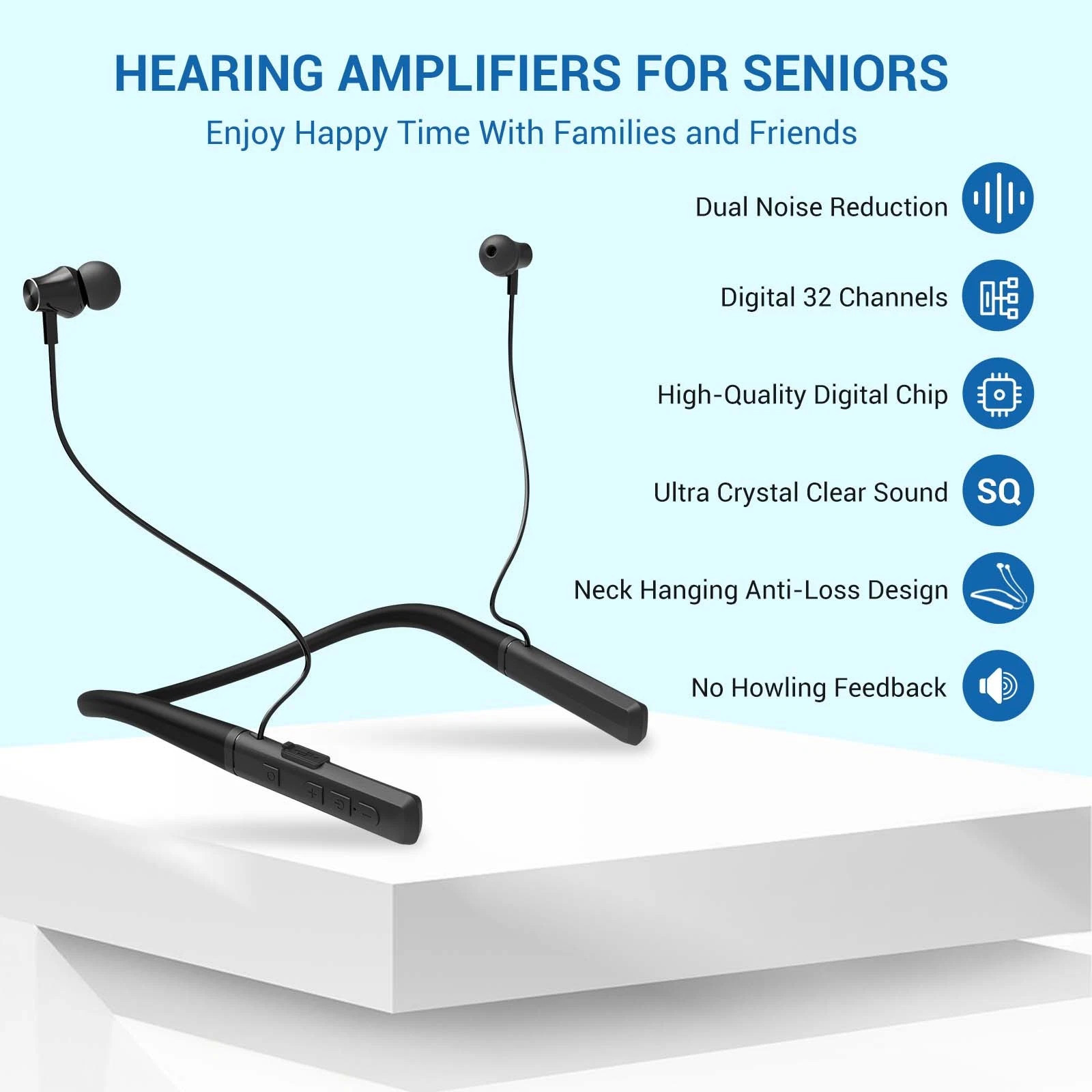 Adult and elderly neck-wear rechargeable noise-reducing OTC hearing aid