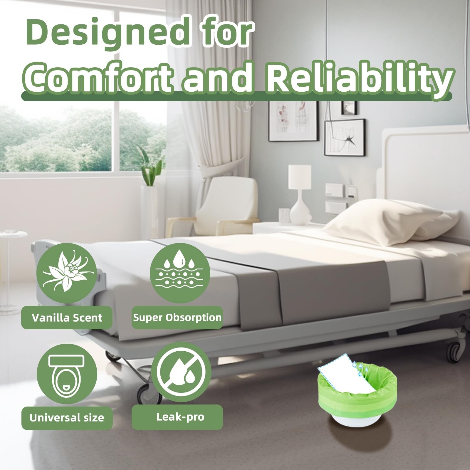 Bedside Commode Liners with Absorbent Pads,100 Bags+100Pads-Vanilla Scented