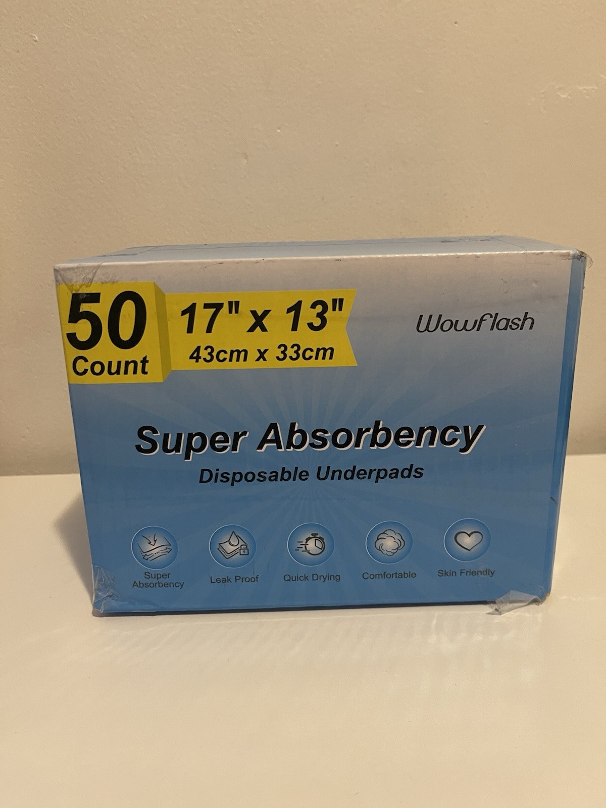 Wowflash Super Absorbency Disposable Underpads 17×13 in Blue 50 Ct Leak Proof